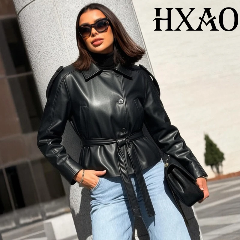 

HXAO Women's Faux Leather Jacket Cropped Coat Demi-Season Long Sleeve Trench Coat Black Jacket Spring Belted Elegant Windbreaker