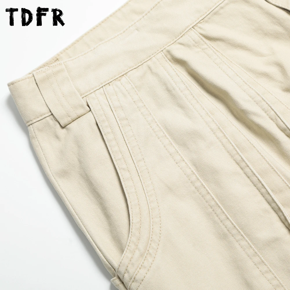 Shorts de carga emendados masculino bolso cor sólida retro streetwear solto perna larga algodão shorts casuais masculino meia calça