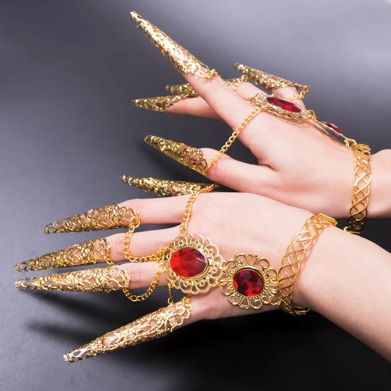 1pc India Belly Dance Bracelet Thai Golden Finger Bracelet Shining Red Crystal Girl Belly Dance Hand Jewelry Bracelet Adult Kid