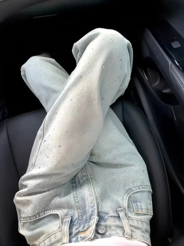 Pantalones de pierna ancha de cintura alta de mezclilla con diamantes de imitación americanos de talla grande para mujer Otoño Pear ape Coupe holgado Adelgazante Pierna recta...