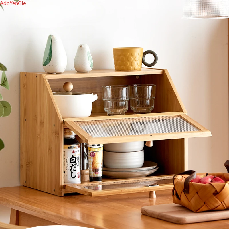 

Kitchen Cabinets Bamboo Trapezoidal Meal Side Cabinet 2 Layers Structure Cup Holder Clamshell Design Storage Cabinets