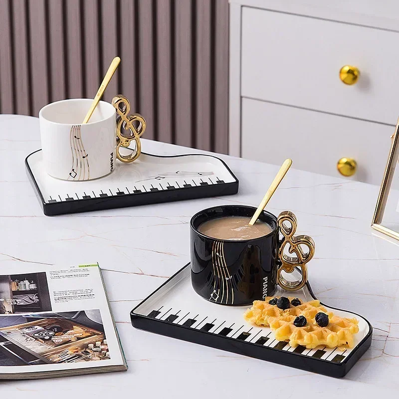 200ml Creative Piano Coffee Mugs with Plate Set Ceramic Mug Music Handle with Spoon Afternoon Tea Tableware Breakfast Milk Cup