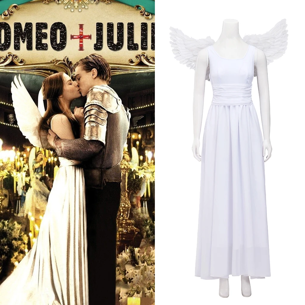 زي جولييت التأثيري لفيلم روميو وجولييت، فستان حفلة الملاك الأبيض مع أجنحة، ملابس تنكرية للسيدات، ملابس جولييت