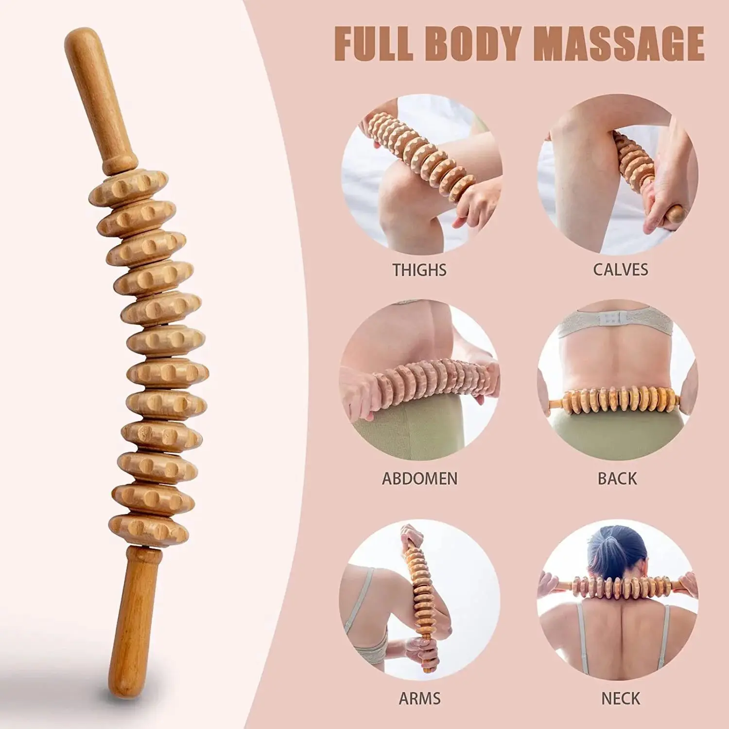 1pc 12 Rollers Handheld Wooden Massager for Trigger Point Therapy, Cellulite Reduction, and Muscle Relaxation