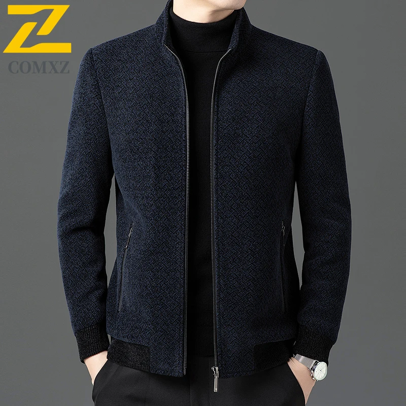 

COMXZ зимняя куртка из синели, мужская новая деловая повседневная куртка с воротником-стойкой, без морщин, пальто премиум-класса с карманами на молнии, удобное шерстяное пальто
