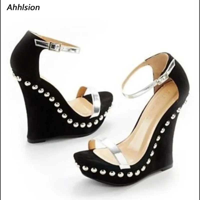 

Ahhlsion Handmade Women's Summer Sandals Studded Wedge High Heels round Toe Elegant Black Party Shoes Ladies plus Size 5-20