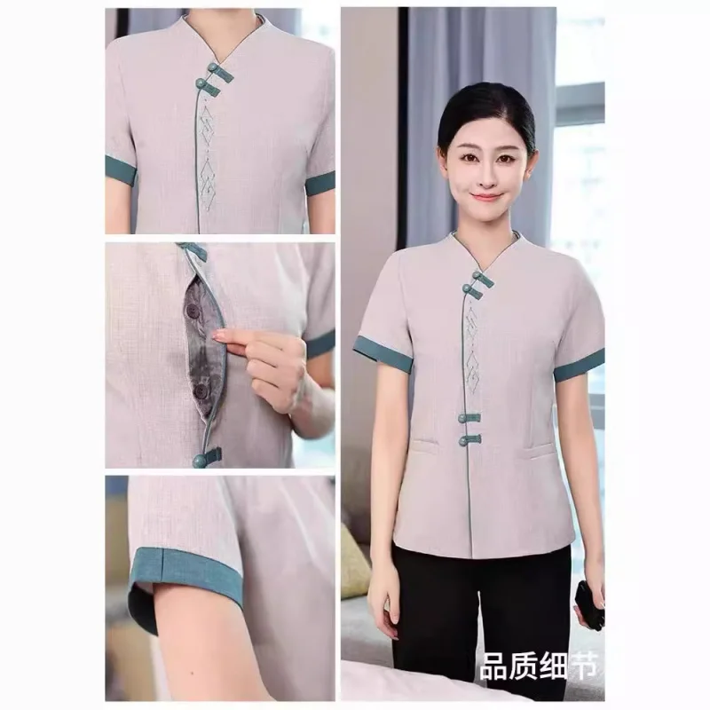 النمط الصيني فندق الصيف نظافة ملابس العمل التدبير المنزلي غرفة الممتلكات فندق عمة ملابس العمل قصيرة الأكمام المرأة البدلة #4