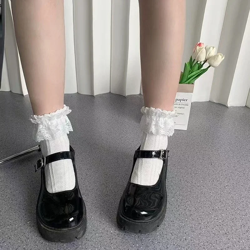 Lace Bow Kids Princess Socks Black White Lolita Girl Cotton Breathable Middle Tube Socks Korean Ruffle Sweet Kids Socks
