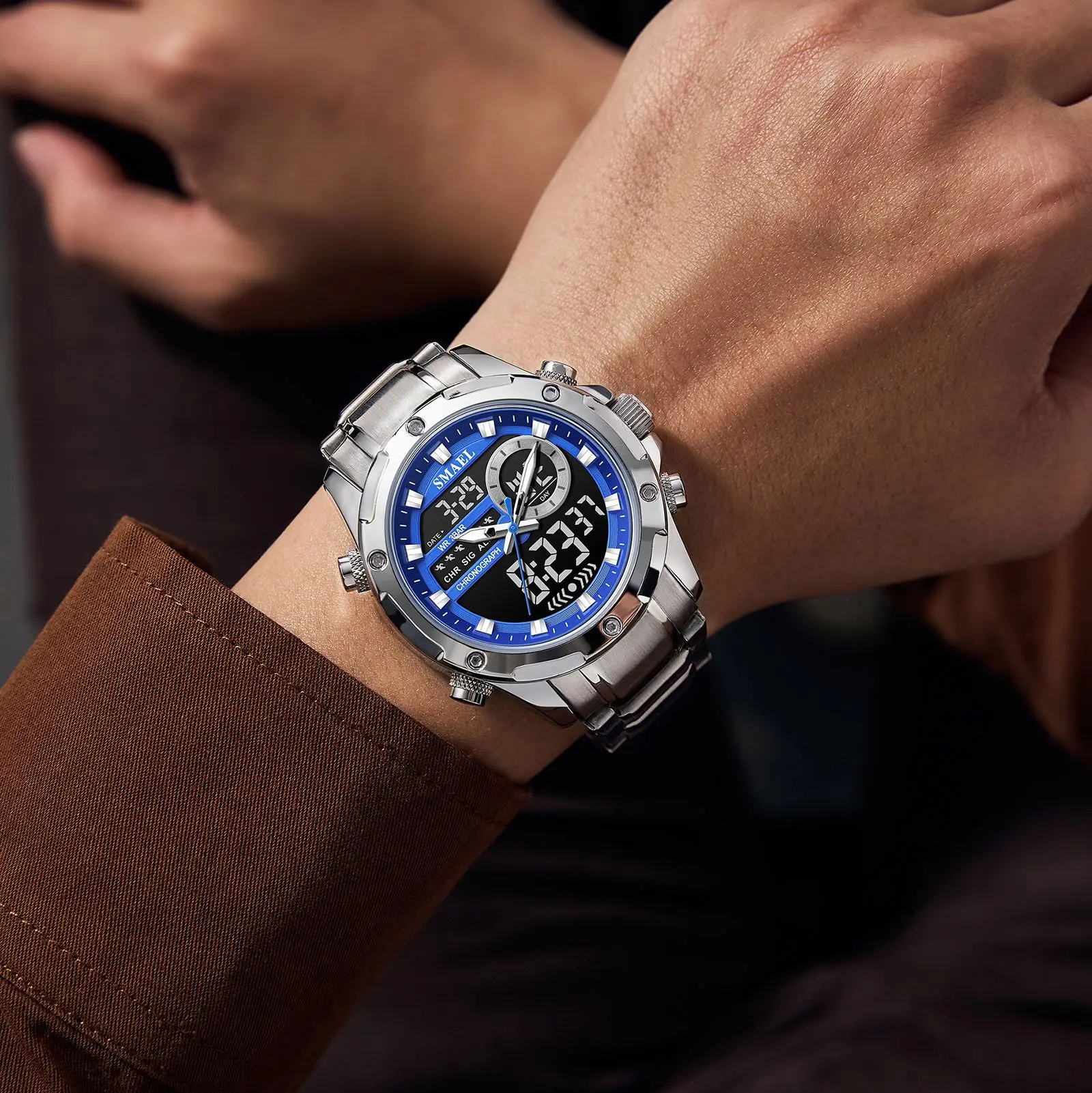 ساعة رجال الأعمال SMAEL 6050، ساعة إلكترونية بحزام فولاذي Wa tch، ساعة كوارتز رياضية مقاومة للماء للرجال مضيئة