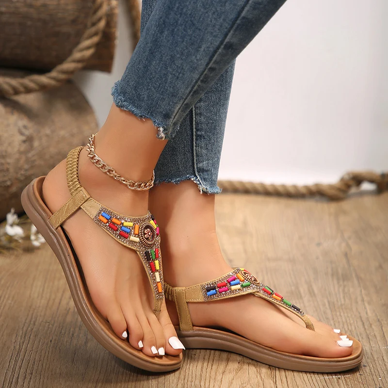 Clip Toe Bohemia Sandals for Woman 2024 Summer Flat Heels Colorful Beaded Beach Flip Flops Women Non-Slip Rome Shoes Sandalias