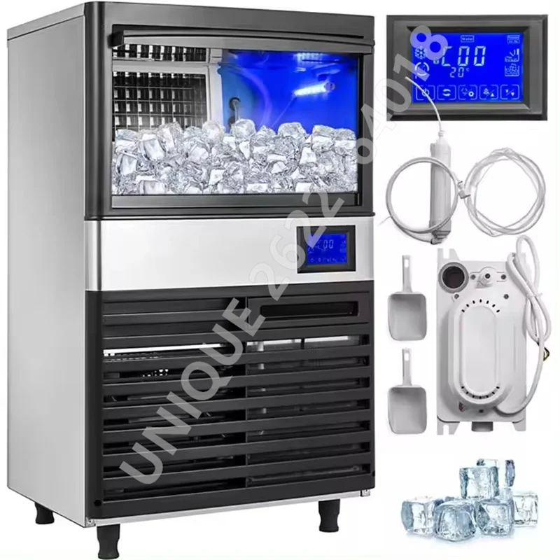 

50-85kg/24h Commercial Ice Maker Machine with 2 Water Inlets, Freestanding with 24lbs Storage Bin, Ice Scoop & Water Filter