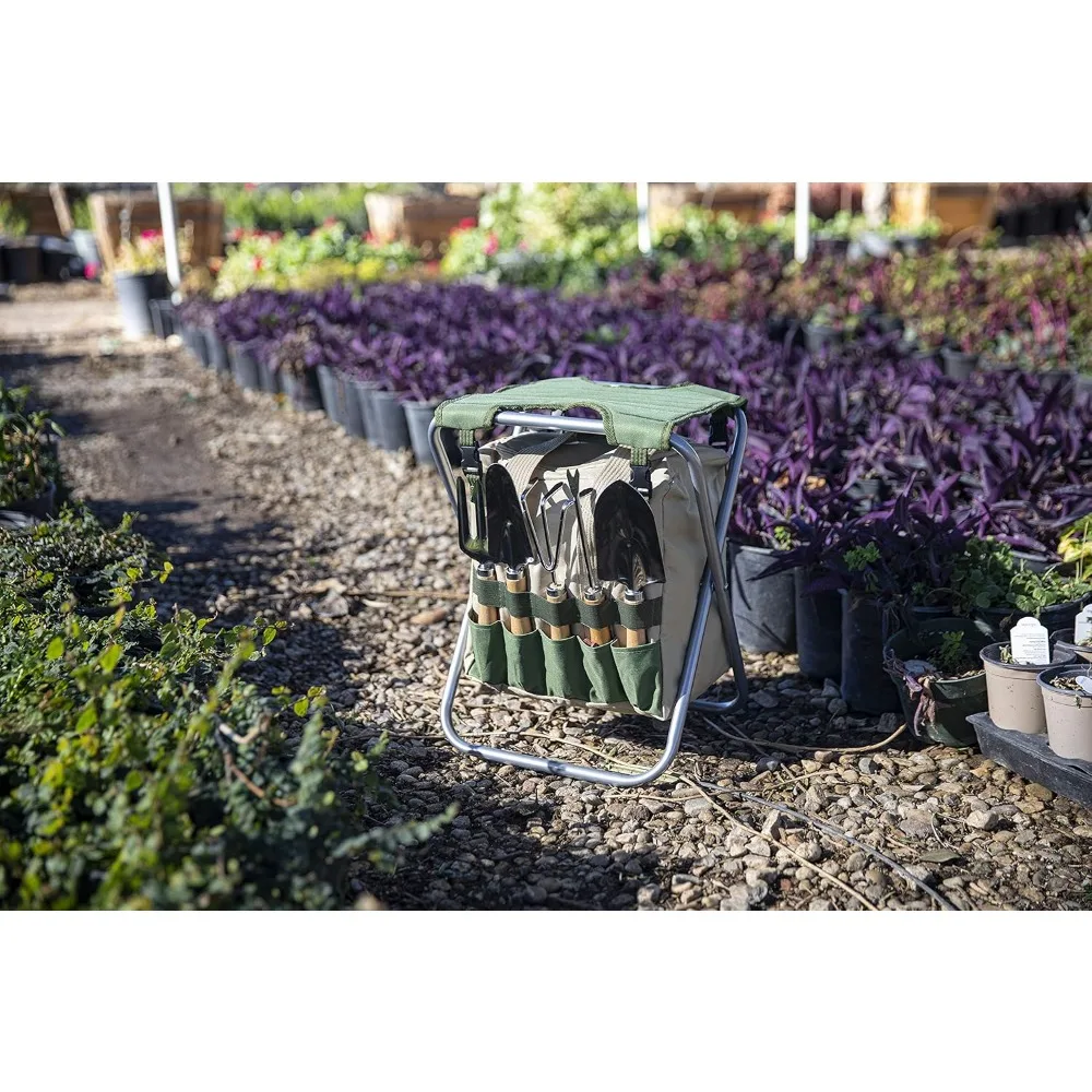 مقعد حديقة قابل للطي مع حقيبة أدوات قابلة للفصل ومجموعة بستنة مكونة من 5 قطع - منظم مقعد خارجي محمول (أخضر زيتوني) #6
