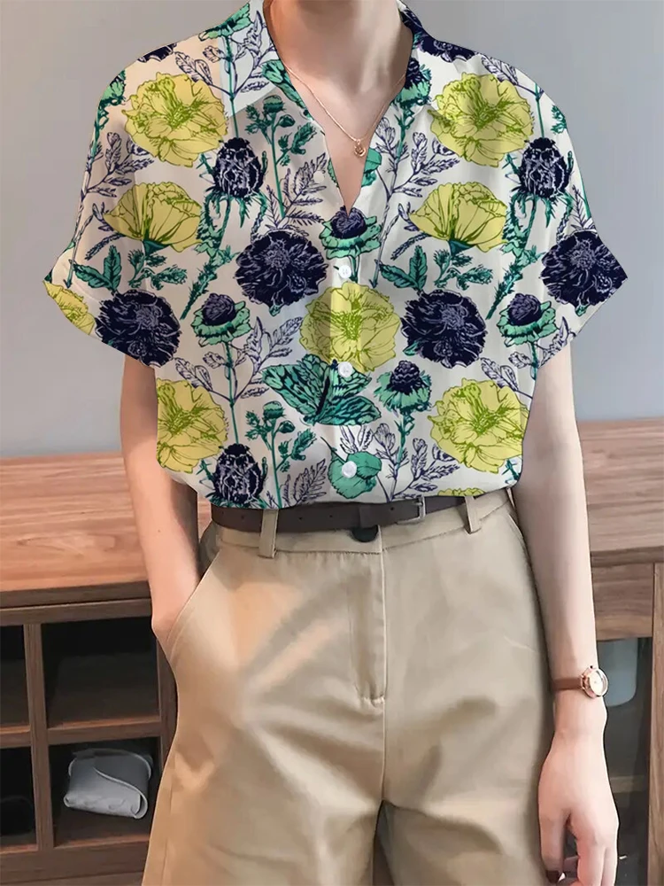 Women\'s Shirt Tops 3D Colourful Floral Print Button Short Sleeve Shirt With Elegant Shirt Collar 2024 Spring And Autumn Tops