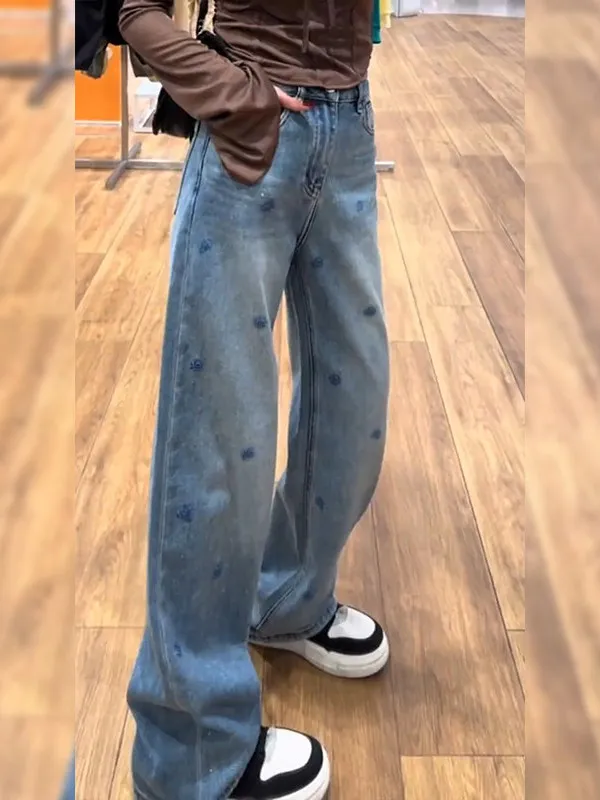 Spring 2026 Women's High Waist Embroidered Denim Jeans Slim Fit Floor-Length Wide Leg Pants for Pear Shaped plus Size Ladies