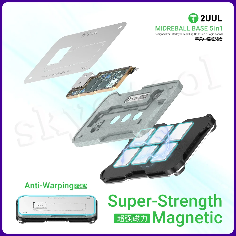 2UUL BH13 Middle Layer Reballing Station MIDREBALL Base 5in1 Reballing Stencil Steel Mesh for IPhone 12-16 Pro Max Logic Board