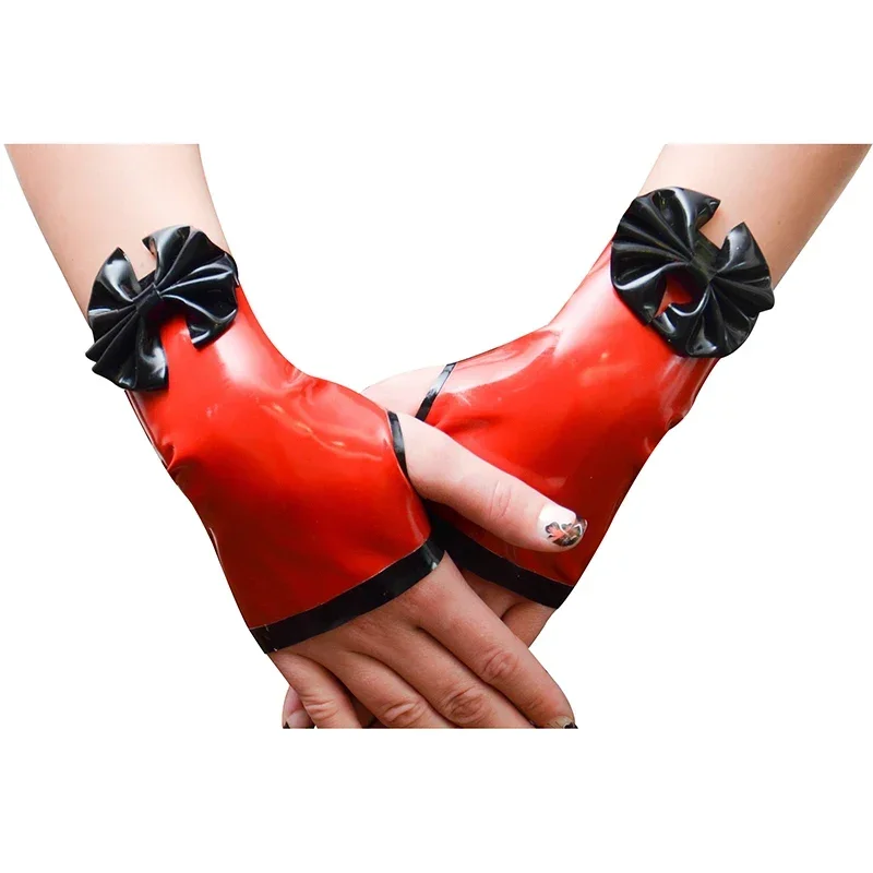 eurocat Red And Black Fingerless Short Latex handmade sexy design rubber Gloves With Trims And Bows Rubber Mittens