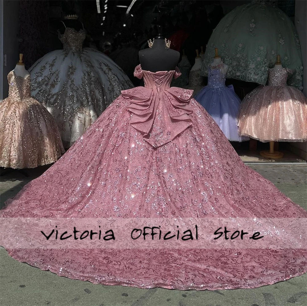 Blush Pink Shinny Bow 15 Dress Quinceanera 2024 Beaded Off The Shoulder Ball Gown Quince Dress Formal Occasion Gowns Customized