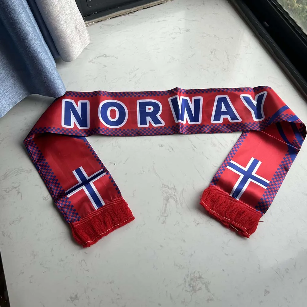 Sky Flag 2026 Norway Scarf 14x135cm Double-sided Printed Satin Norway Flag Scarf Tassels Suitable for Football, Sports, Events