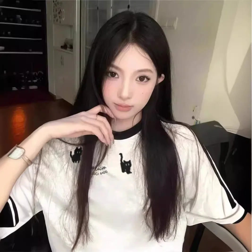 

Хлопковая футболка с короткими рукавами, женская летняя футболка 2023, новинка в полоску с тремя полосками, нишевый американский свободный топ с половиной рукавов