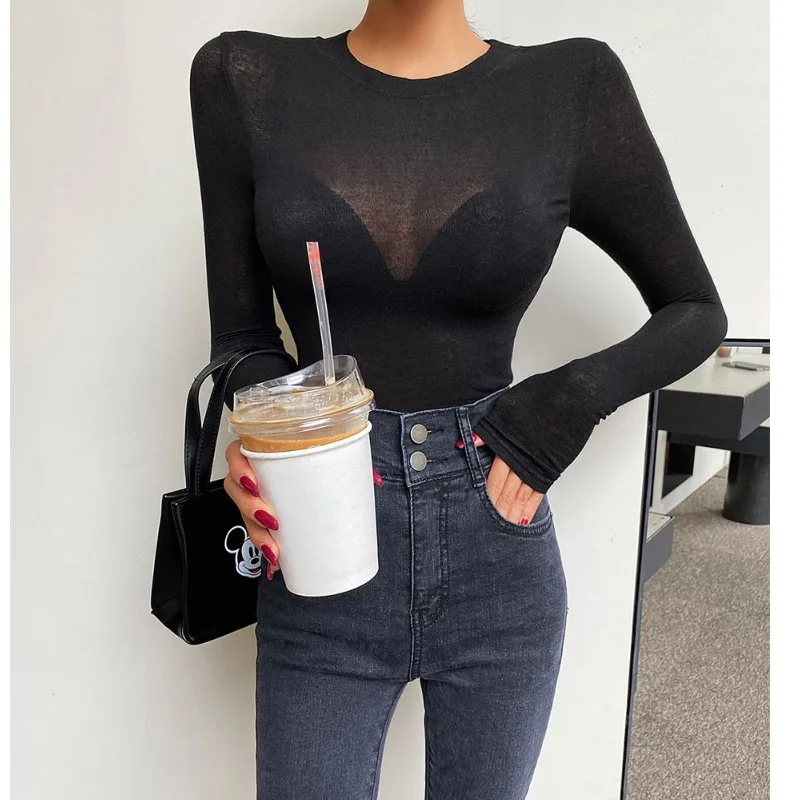 

New Basic Cotton Summer T Shirt Women Long Sleeves Tee Shirt High Elasticity Breathable Sexy Thin T-shirt See Through Female Top