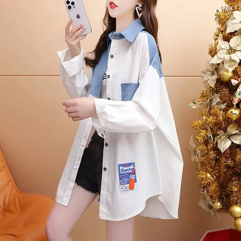 

DAYIFUN Spring Autumn Lapel Blouses Women's Thin Contrast Panel Design Long Sleeve Sunscreen Clothing Lady Oversized Loose Shirt