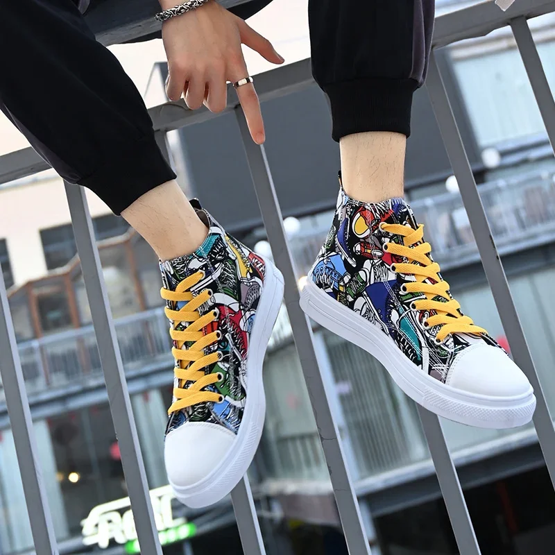 Cool Discount Low Price Shoes Graffiti Canvas Shoes Men\'s Sneakers High Top Couple Style Board Casual Mens Tennis Men\'s Shoes