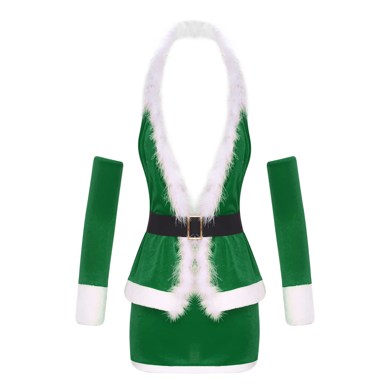 

Women Christmas Santa Costumes Sexy Outfit Clubwear Sleeveless Top with Oversleeves And Mini Skirts Set for Festival Parties