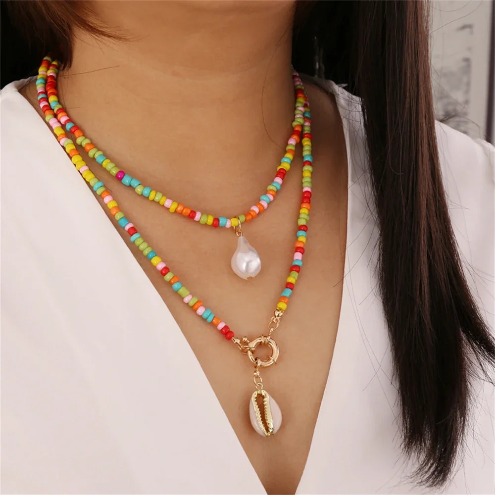 Boho Fashion Rustic Colorful Rice Bead Chain Beach Shell Pendant Necklace For Women Female Vintage Multilevel Choker Jewelry