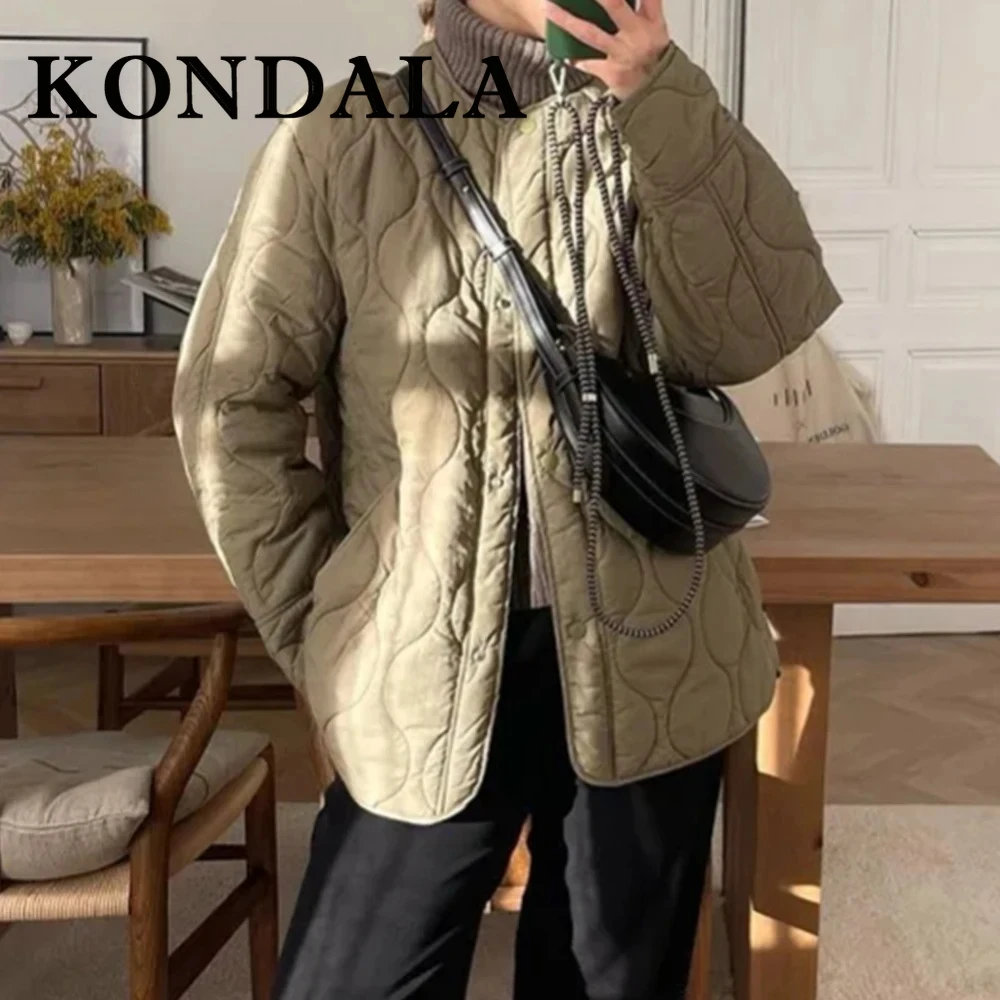

KONDALA 2024, однотонная зеленая повседневная куртка на пуговицах, модная осенняя уличная куртка с карманами и круглым вырезом, женская свободная винтажная зимняя верхняя одежда