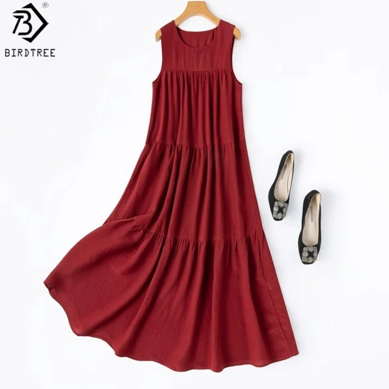 BirdTree, 100% Echte Seide Retro Atmungsaktives Kleid, Ärmellos mit O-Ausschnitt, Damen Bubble-Crepe Locker Sitzende Kleider, Sommer 2026 Neu D65423JF