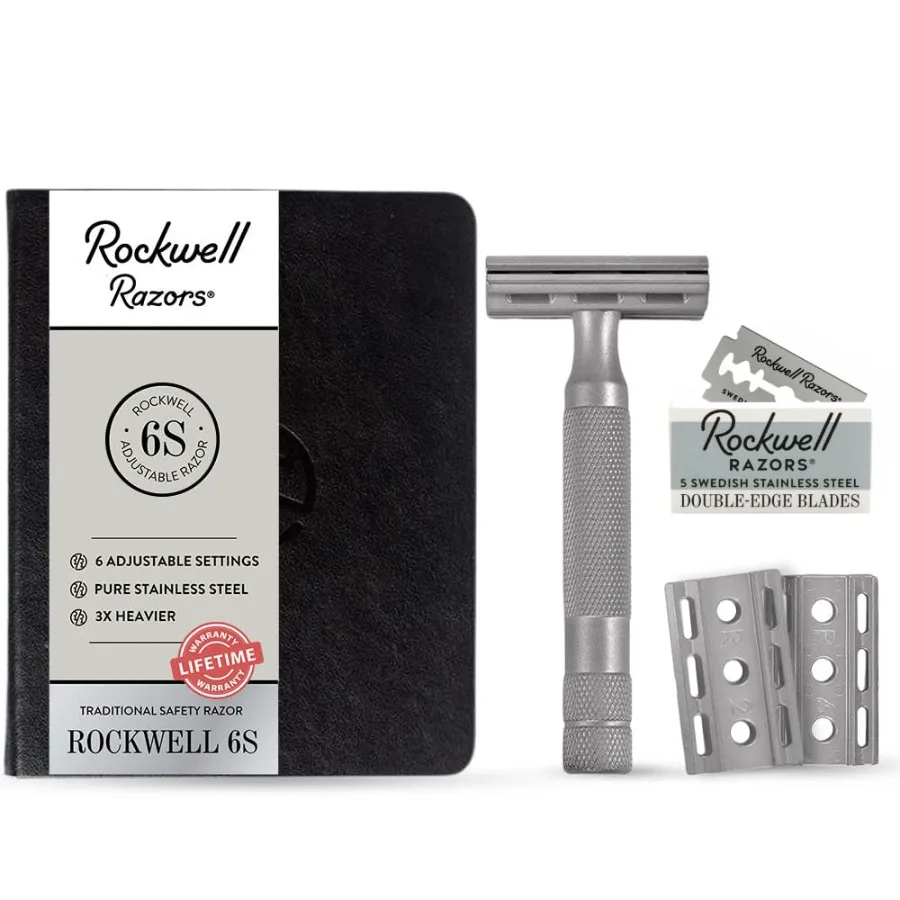 6S DoubleEdge Safety Razor in Matte Silver with 6 Adjustable Shave Settings and 5 Fully Recyclable Blades Reusable Safety Razor