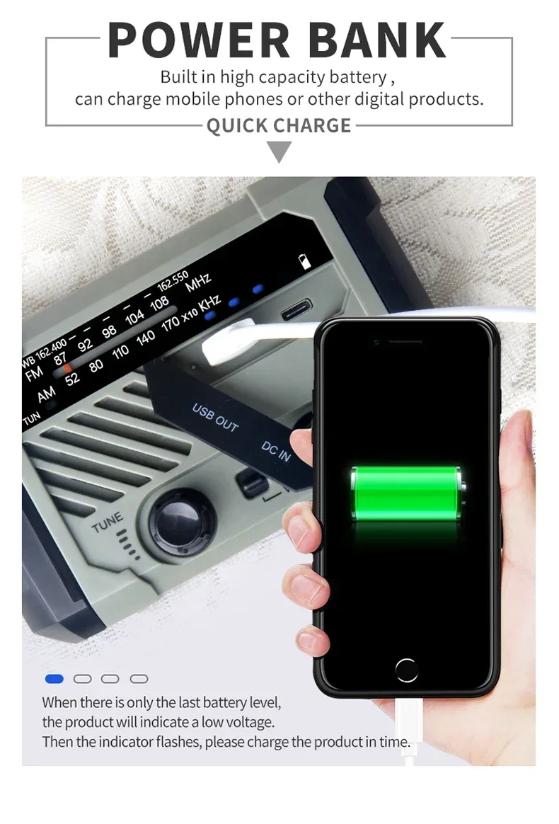 جديد! راديو AM/ FM/NOAA للطوارئ، راديو شمسي يعمل بالبطارية مع مصباح يدوي LED، مصباح مكتبي، شاحن 2000 مللي أمبير في الساعة، SOS