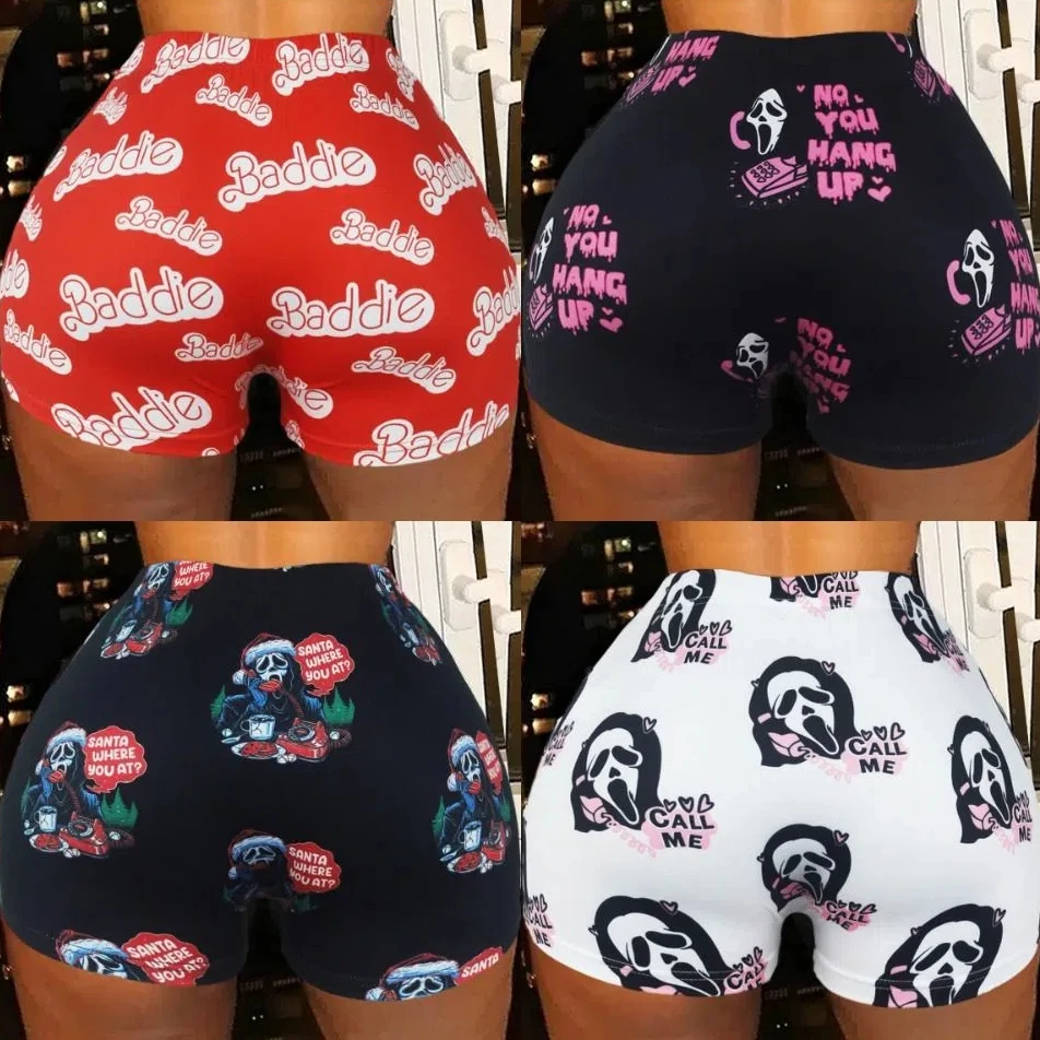 Ghost Seamless Yoga Shorts Tight Halloween Letter Printing Skull Shorts for Women Peach Butt High Waist Butt Lifting Leggings