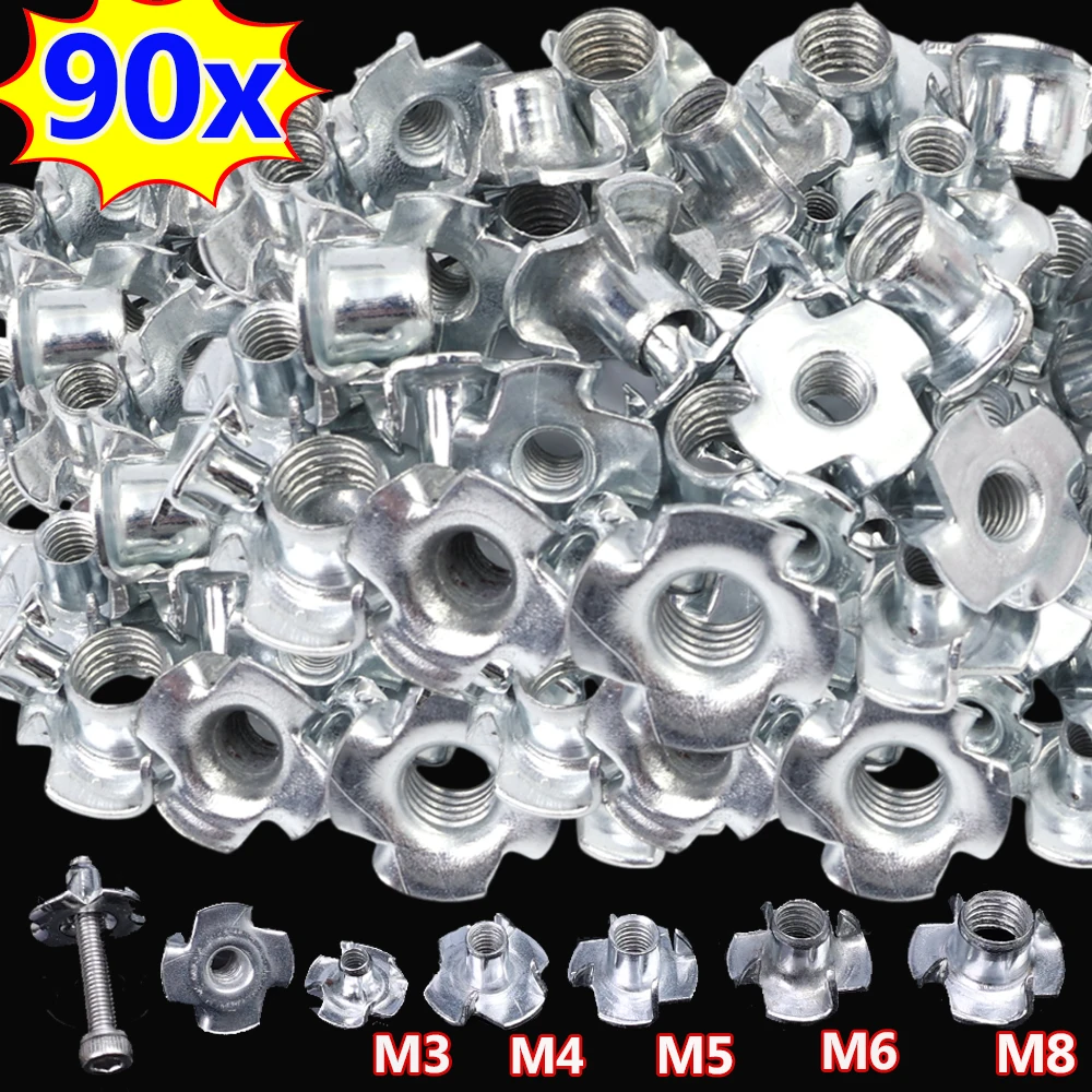 90pcs Galvanized Four-Claw Nut Multifunctional Carbon Steel Woodwork Inserts Nuts Household M3/M4/M5/M6/M8 Hardware Fastener Set