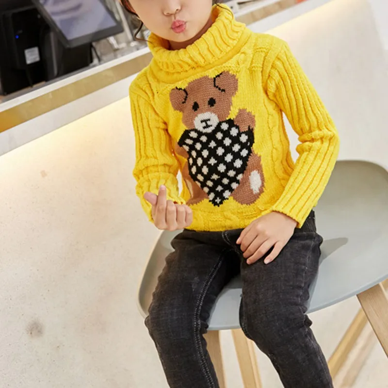 1-8 Years Warm Cute Winter Boys Girls Sweater Cartoon Bear Knitted Bottoming Turtleneck Children Birthday Present Sweater