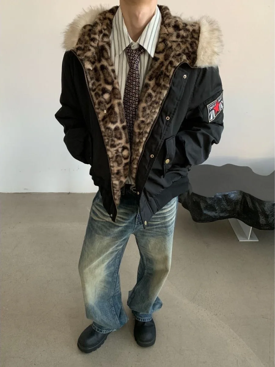 Men's Winter Thickened Fleece Lined Short Parka Coat with Hood And Fur Collar Warm Cotton Jacket for Couples Youth Fashion