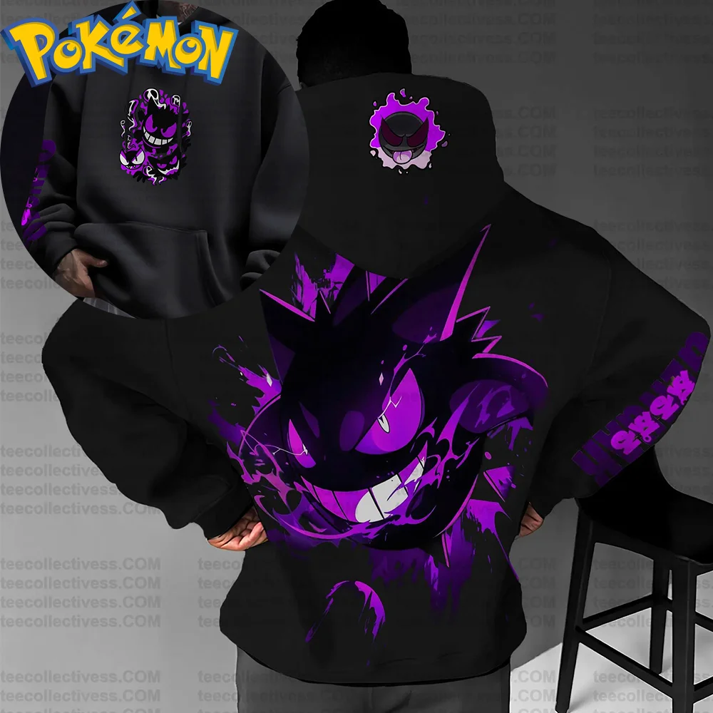 

Pokemon Anime Gengar Cotton Hoodie Black Color Character Print with Full Body Purple Ghost Pattern Casual Streetwear