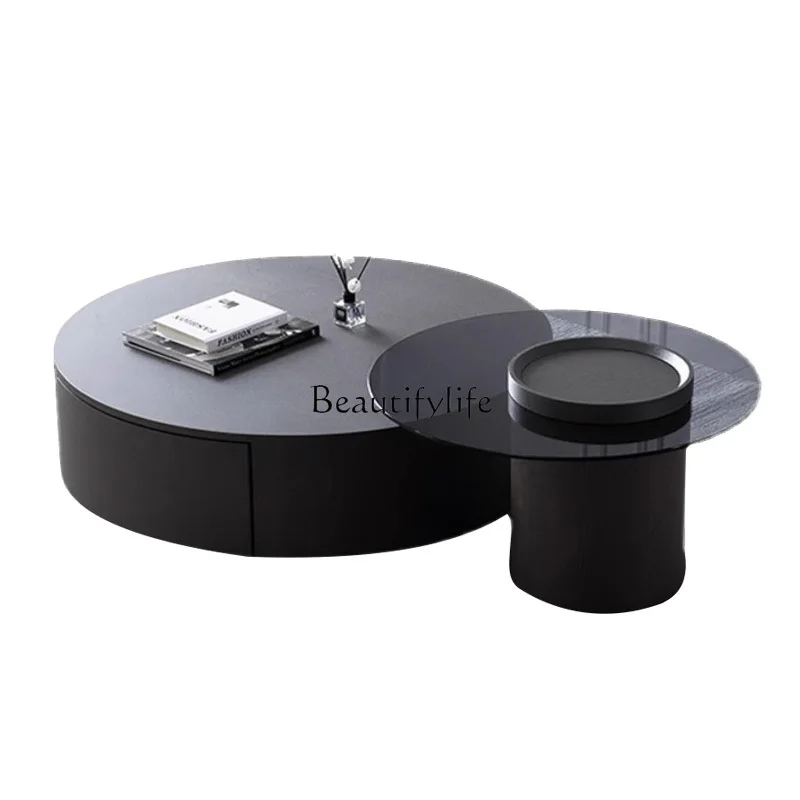 

Italian minimalist rock slab coffee table modern simple light luxury household size round black coffee table