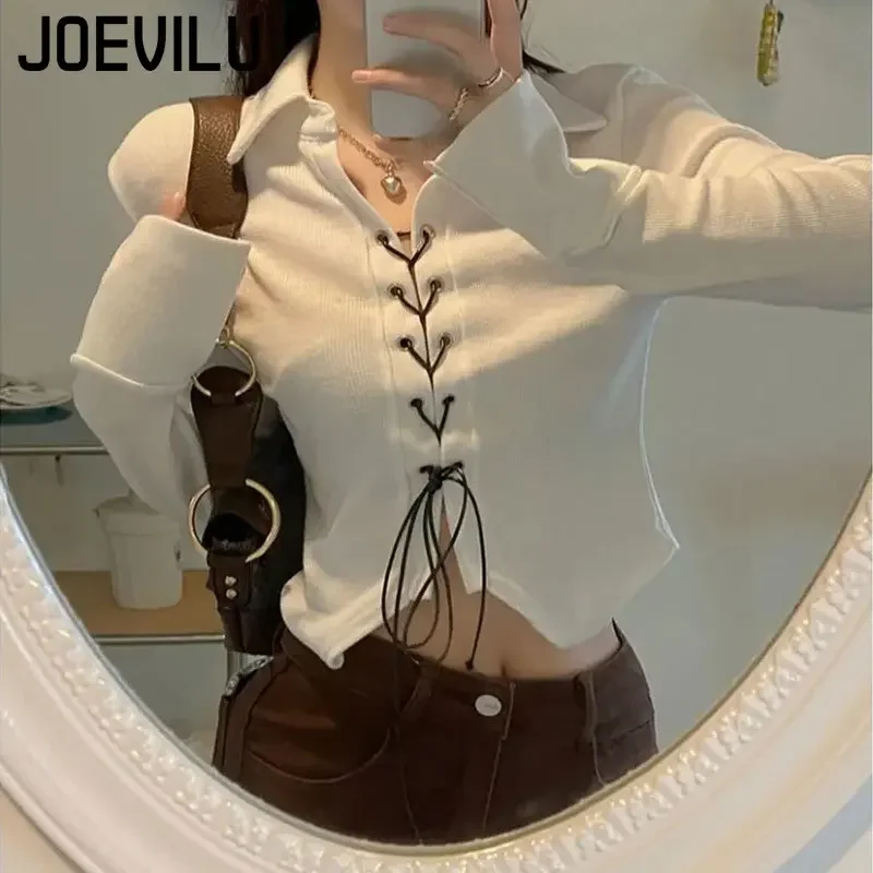 JOEVILU Bandage T-shirt Polo Neck Irregular CropTop Babes Korean Slim Long Sleeve Tee Vintage Gothic Y2k Clothes Skinny Shirt