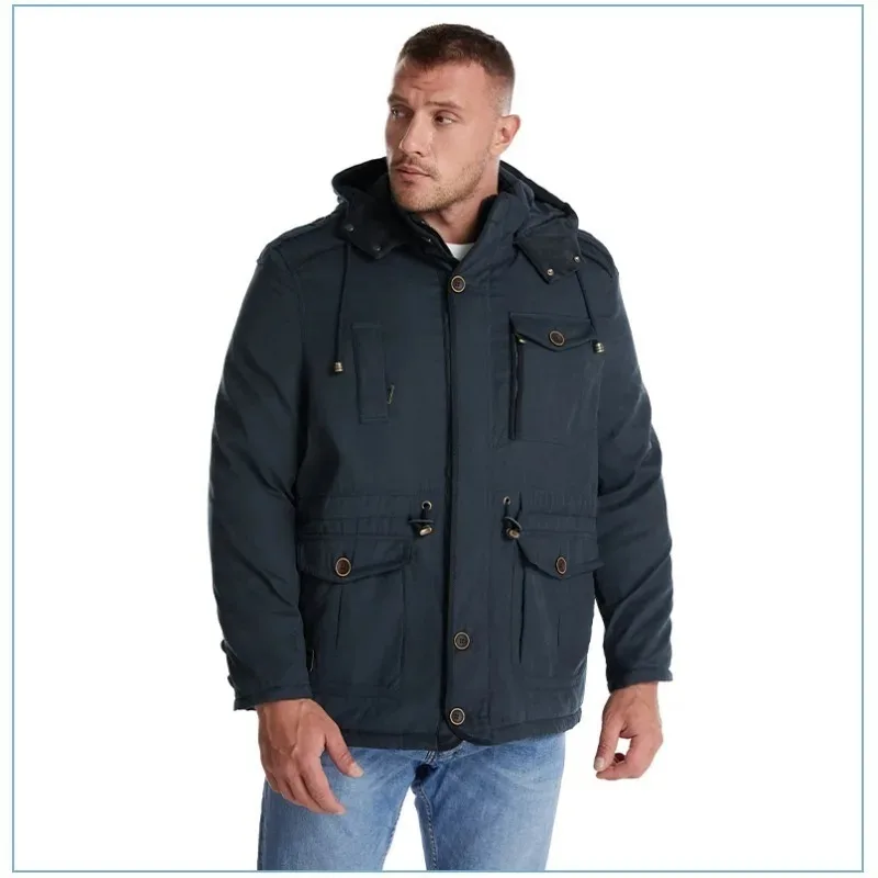 

Men's Jacket Winter Fleece Jckets Hooded Cotton Thickened Multi Pocket Casual Mid Length Coat Winter Jacket Men Korean Fashion