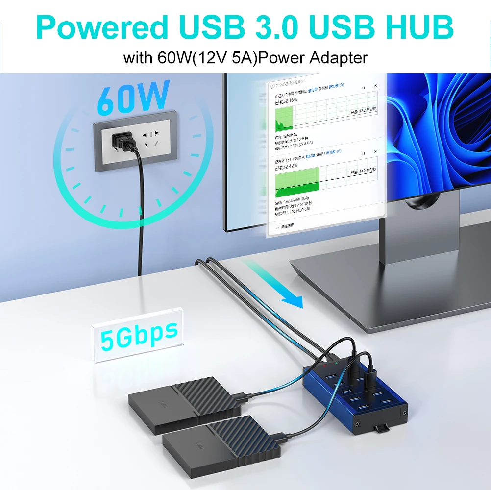 Sipoar Metal 60W Powered 10 Ports USB 3.0 Wall Desk Charger Hub for Phone Macbook Pro Iphone Ipad Tablets with Power Adapter