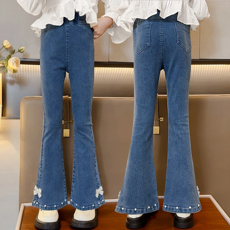 

Classic Design Child Fashion Bootcut y2k Jeans with Bow for Teen Girl High Street Fashion Flared Denim Pants Kids Jeans Trousers