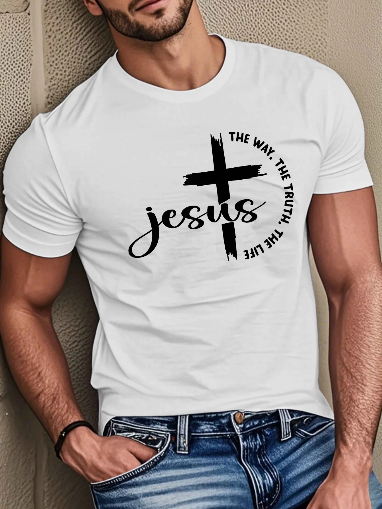 T-shirt d'été 100 % coton pur pour homme, coupe décontractée et tendance, imprimé « Jesus Way Truth », col rond, manches courtes, haut polyvalent