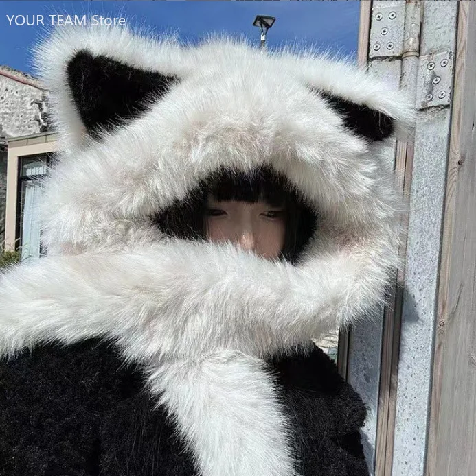 ชุดหมวกและผ้าพันคอขนเฟอร์เทียมหนานุ่มสำหรับฤดูหนาวสำหรับผู้หญิง ดีไซน์หูจิ้งจอก น่ารักและทันสมัย ป้องกันความหนาวเย็น ช่วยให้ใบหน้าดูเรียว
