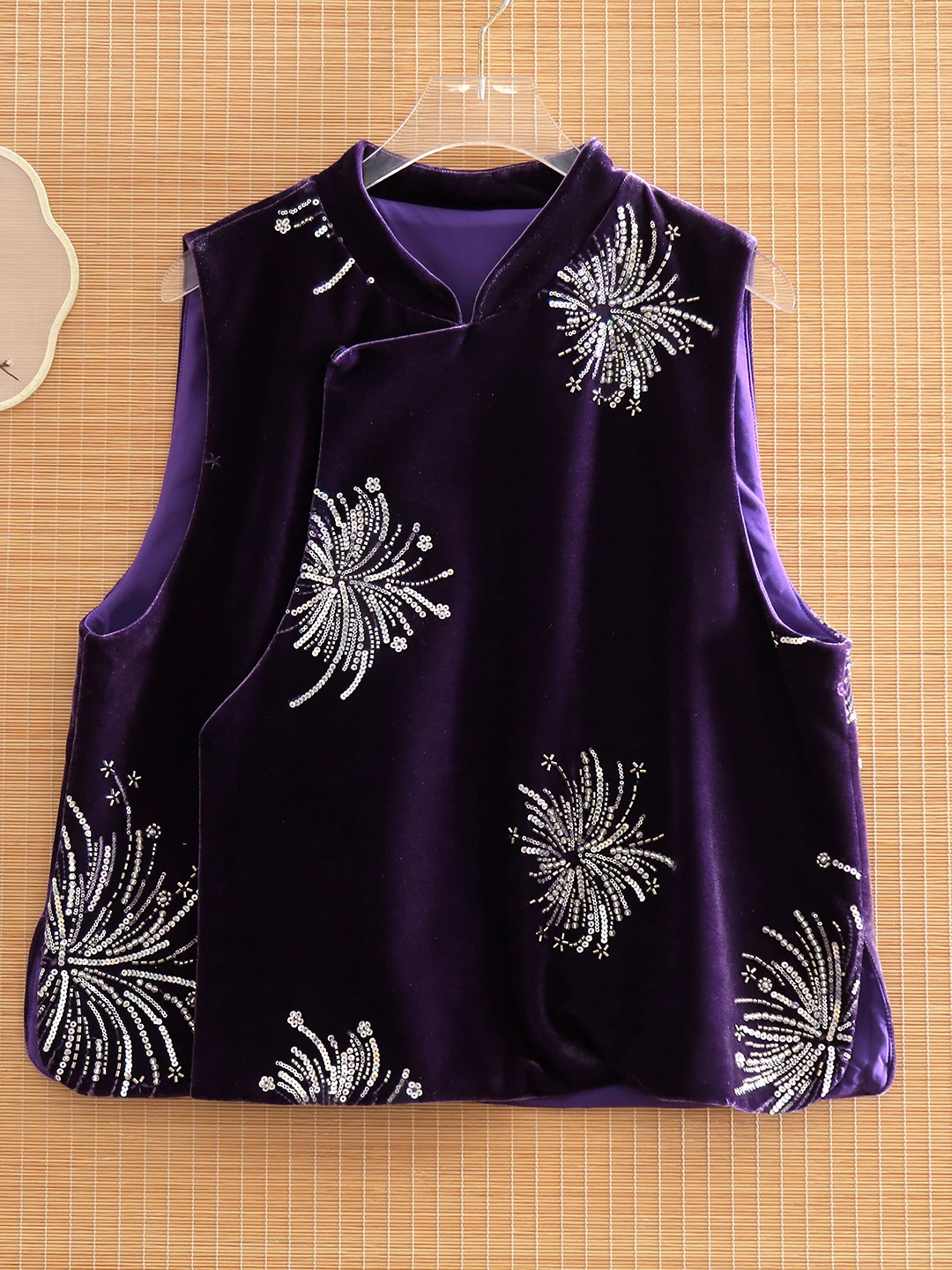 Heavy Embellished Velvet Stand Collar Jacket Women's New Chinese Style Tang Feng Vest Spring 2026 Fashion Elegant Glowing Pur...