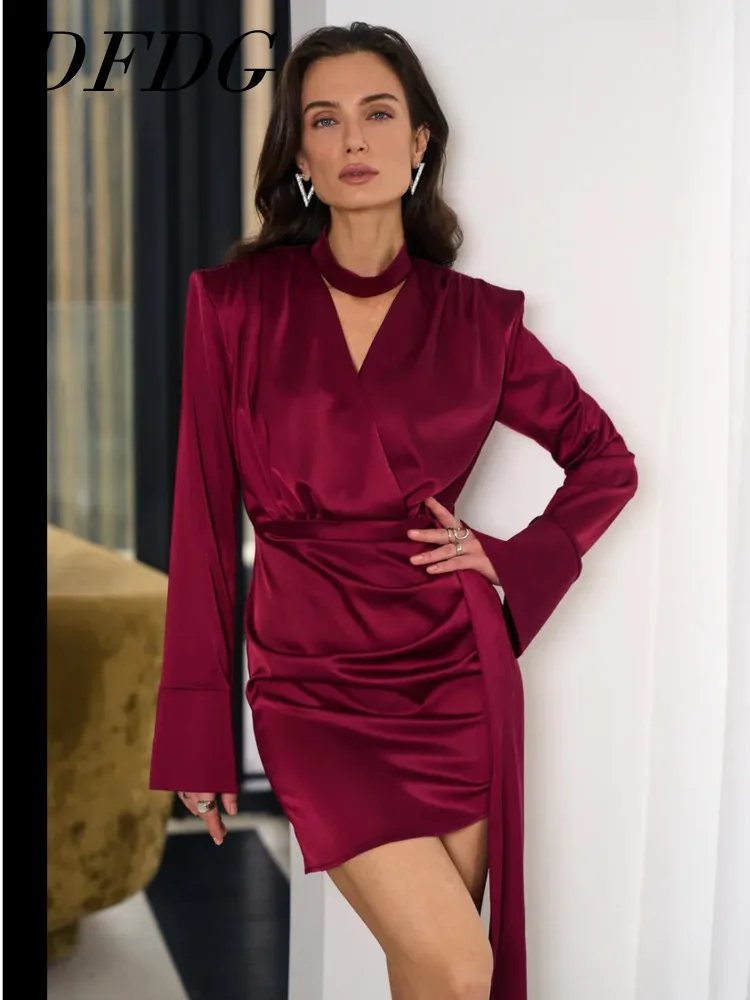 

Женское атласное мини-платье DFDG с завязками и драпировкой, весна-лето, для повседневных встреч и вечеринок, модный женственный образ 2026 года