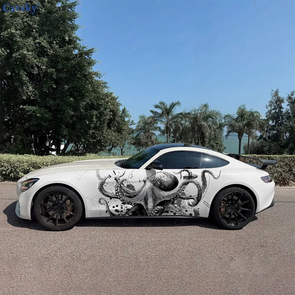2pcs Street Style Splatter Octopus Car Side Wraps, Self-Adhesive PVC Waterproof & Scratch-Resistant Stickers, Car Accessory Gift