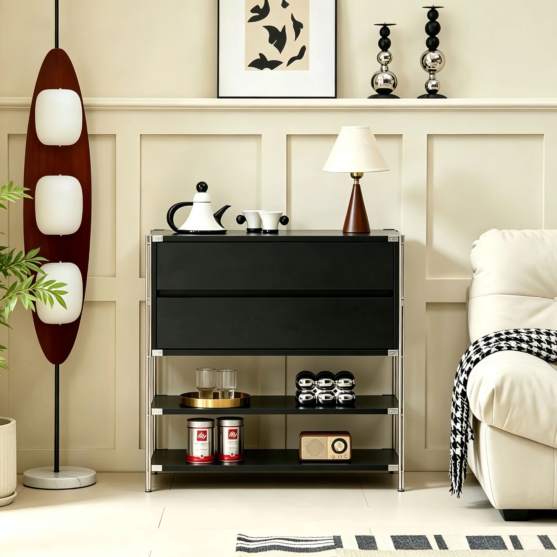 Medieval style, black with drawer edge, next to the living room sofa, multi-layer shelves