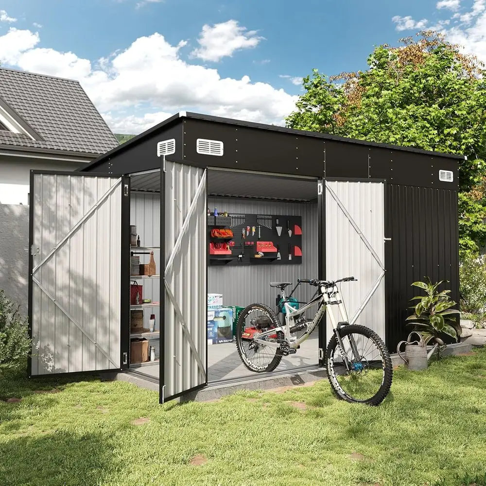 12ft x 7.3ft Waterproof Outdoor Metal Storage Shed with Triple Lockable Door for Garden Tools