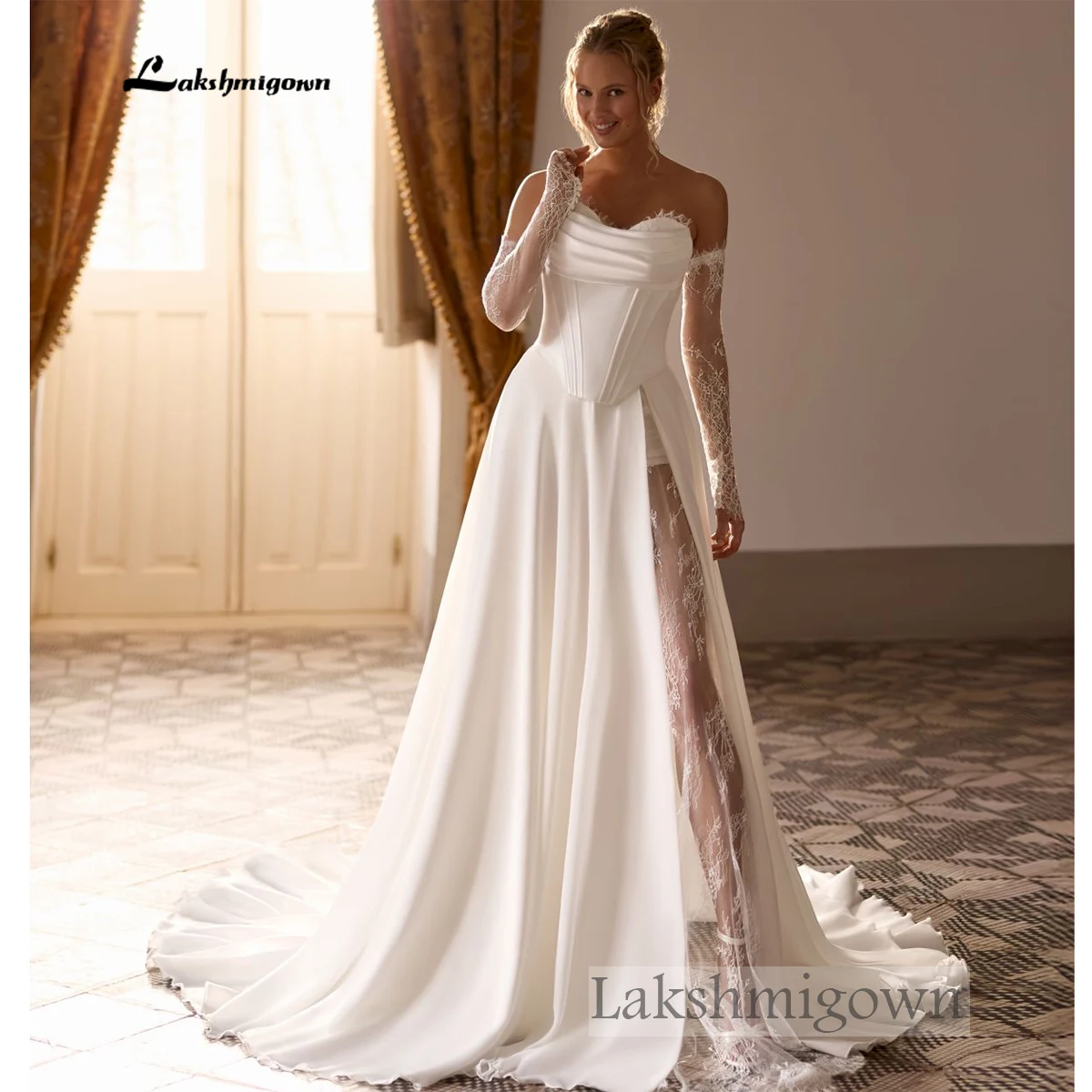 Lakshmigown Crepe-Satin-Hochzeitskleid 2027, trägerloses Korsett-Oberteil, abnehmbare Spitze, lange Ärmel, hoher Schlitz, A-Linien-Brautkleid – Detail 5